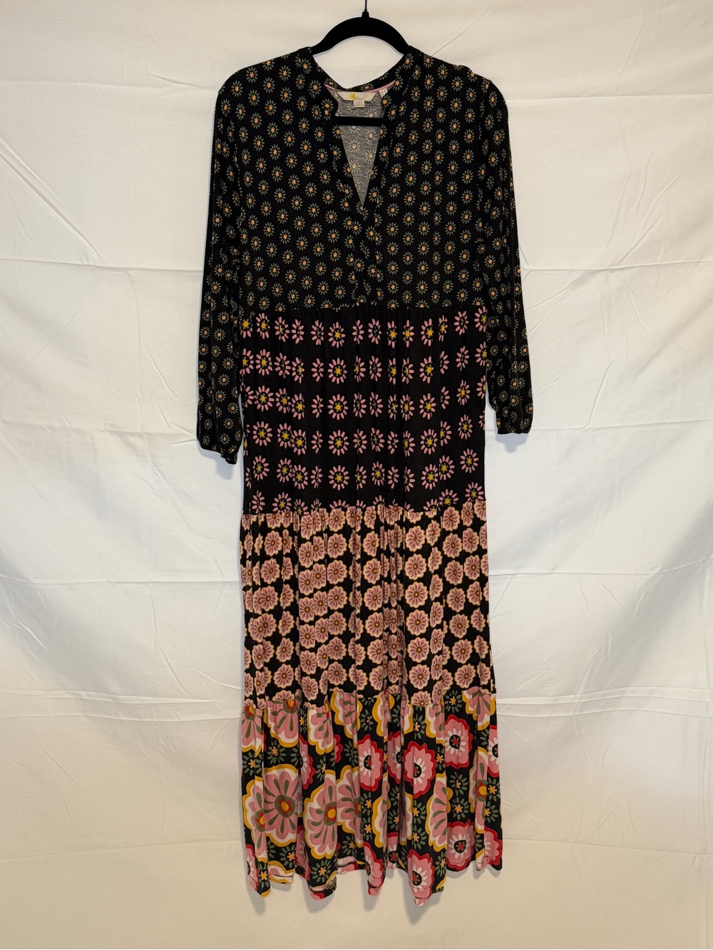 Boden Black Maxi Dress with Pink and Yellow Floral Border